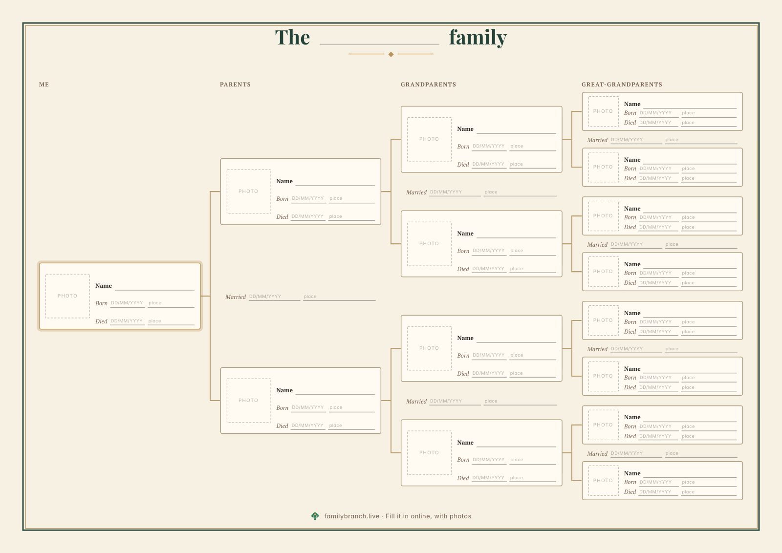 4-generation family tree, blank, in the Heritage style