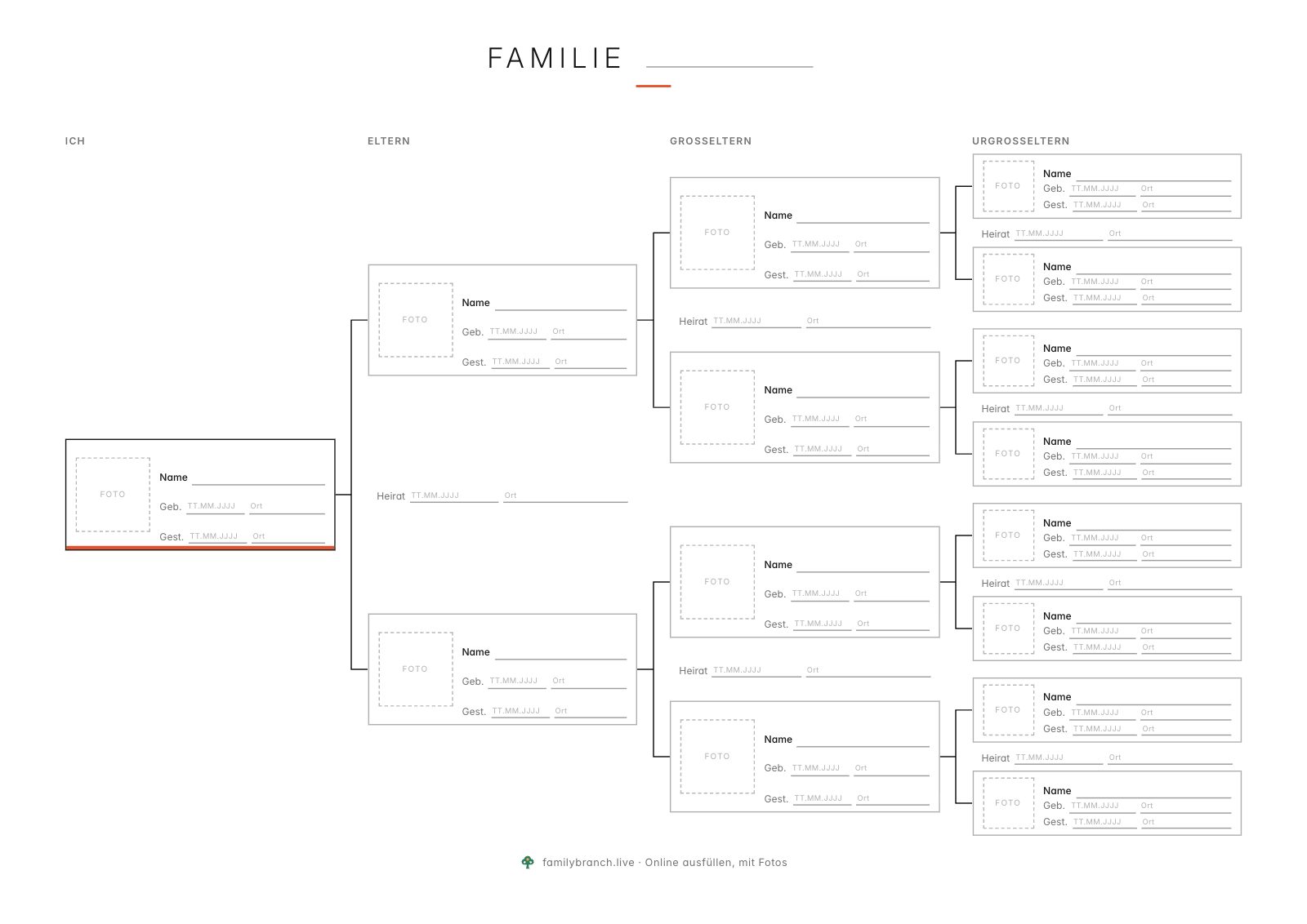 Stammbaum über 4 Generationen, leer, im Stil Minimal