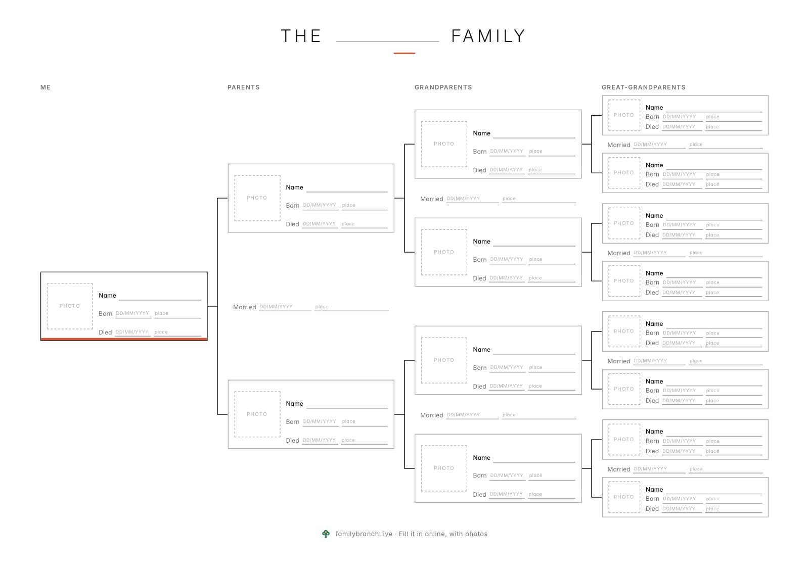 4-generation family tree, blank, in the Minimal style