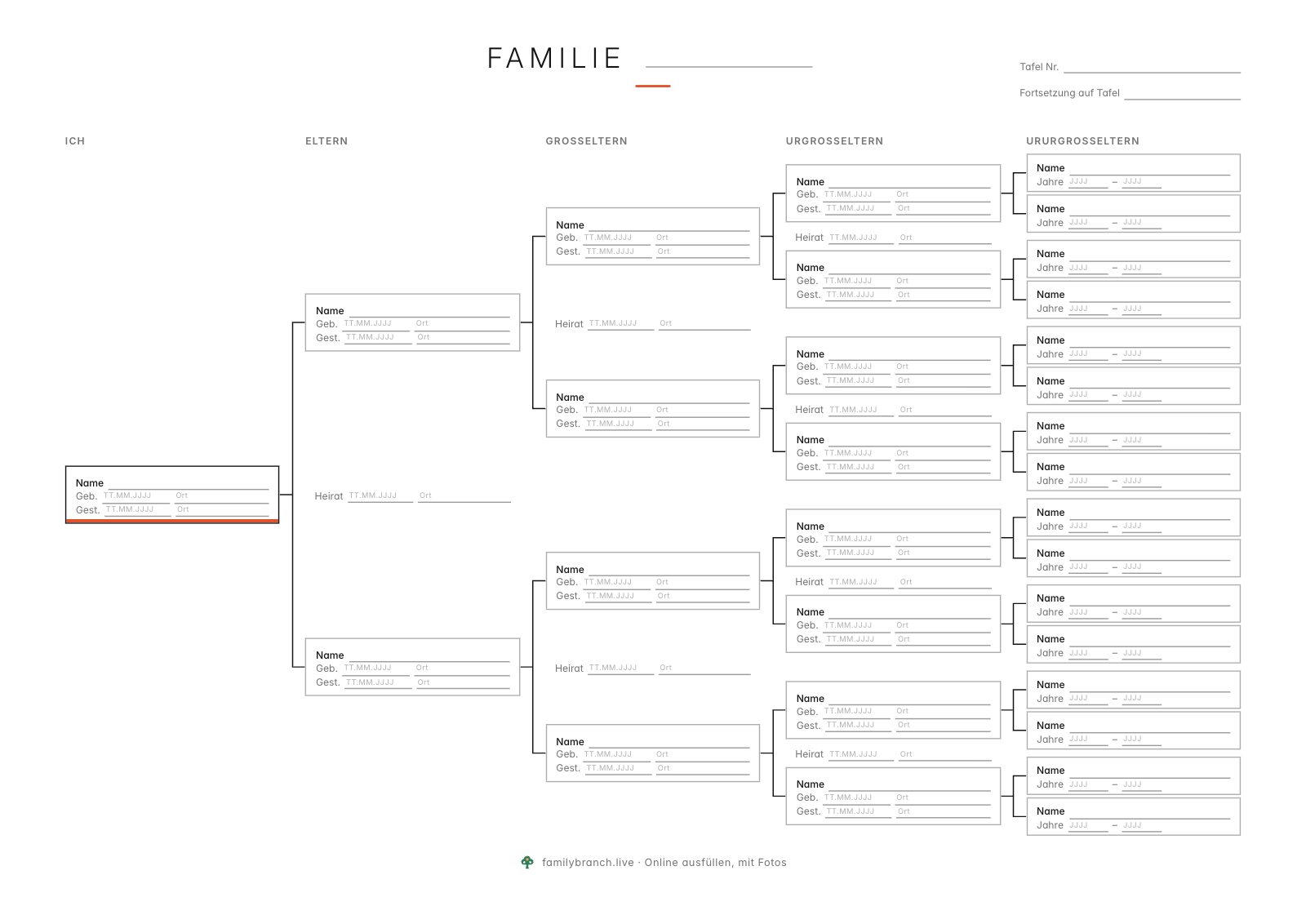 Ahnentafel über 5 Generationen, leer, im Stil Minimal
