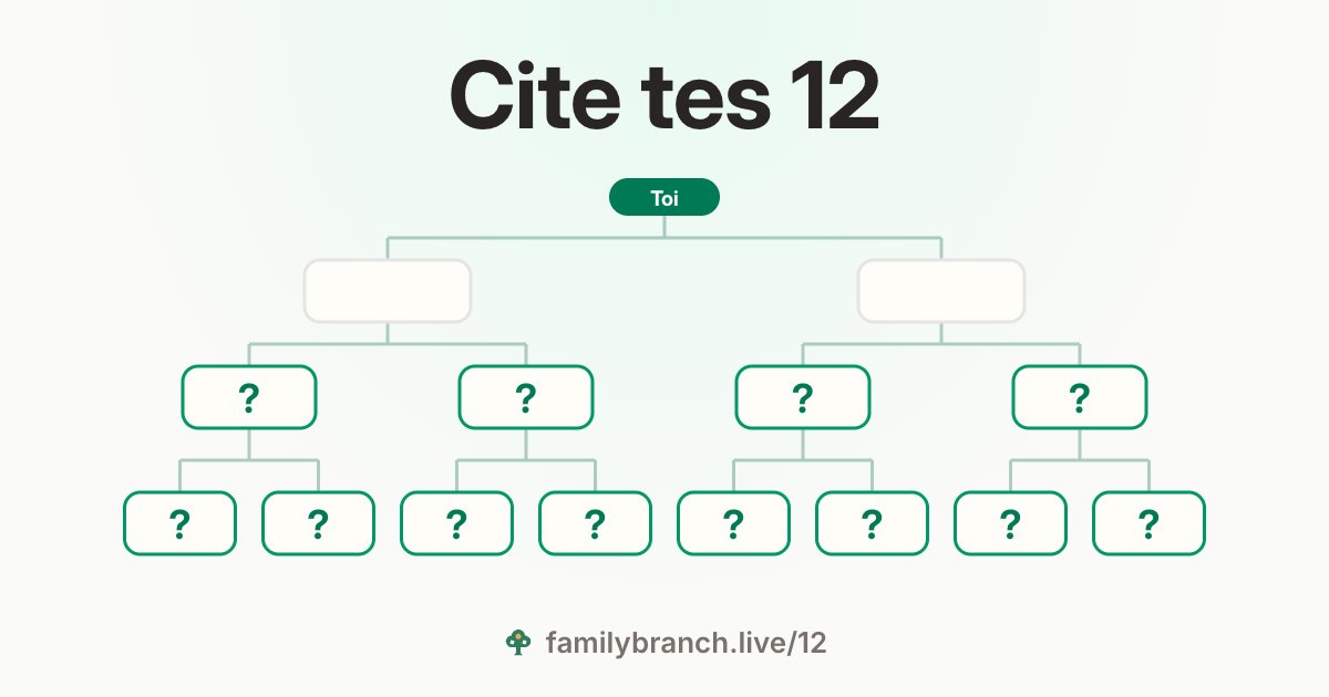 « Cite tes 12 » au-dessus d’un arbre généalogique vide : « Toi », deux parents et un point d’interrogation pour chacun des 4 grands-parents et des 8 arrière-grands-parents