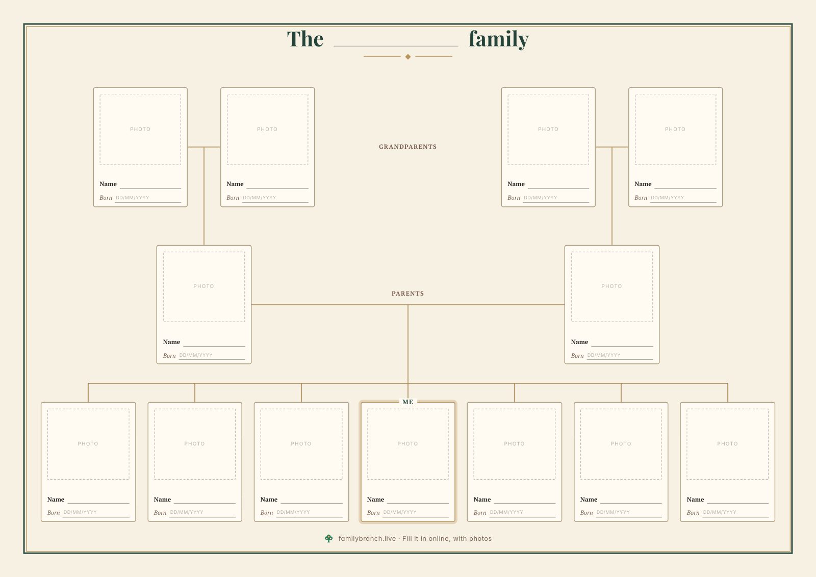 Family tree with siblings, blank, in the Heritage style