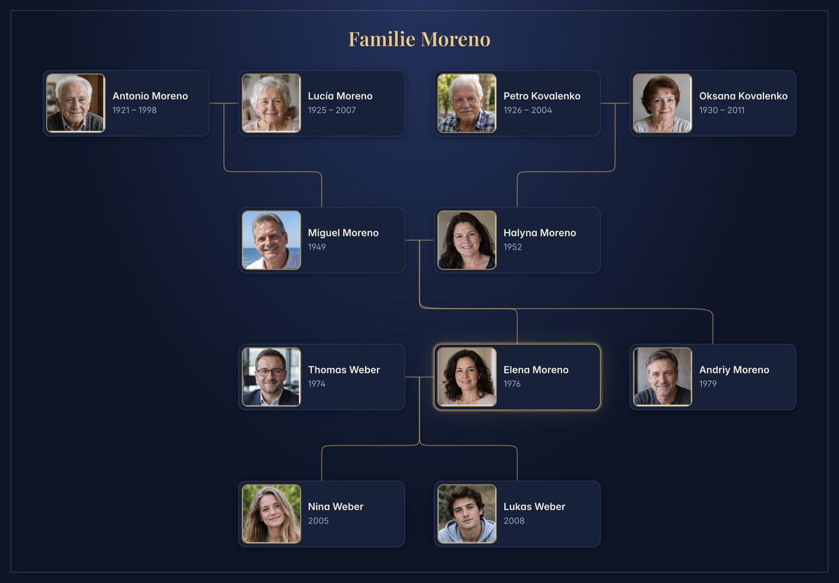 Das Stammbaum-Poster der Familie Moreno im Stil Nacht
