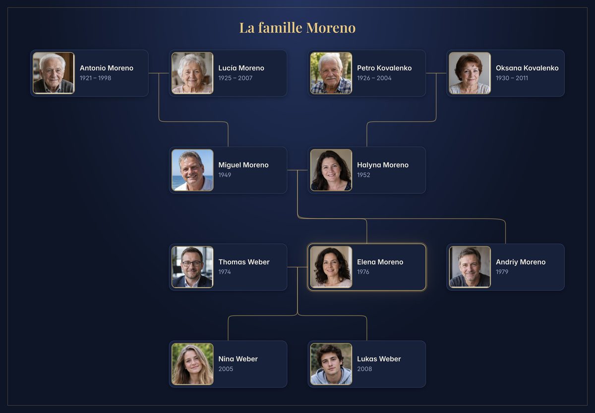 L'affiche de l'arbre de la famille Moreno dans le style Nuit